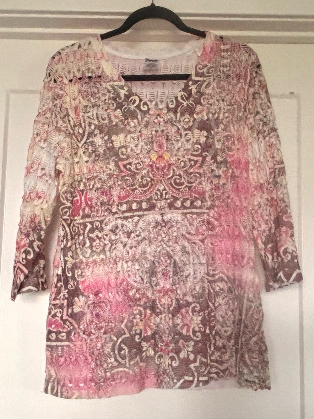 Wrangler Tan, Pink, Cream Boho Western 3/4 Sleeve Open Knit Top- XL